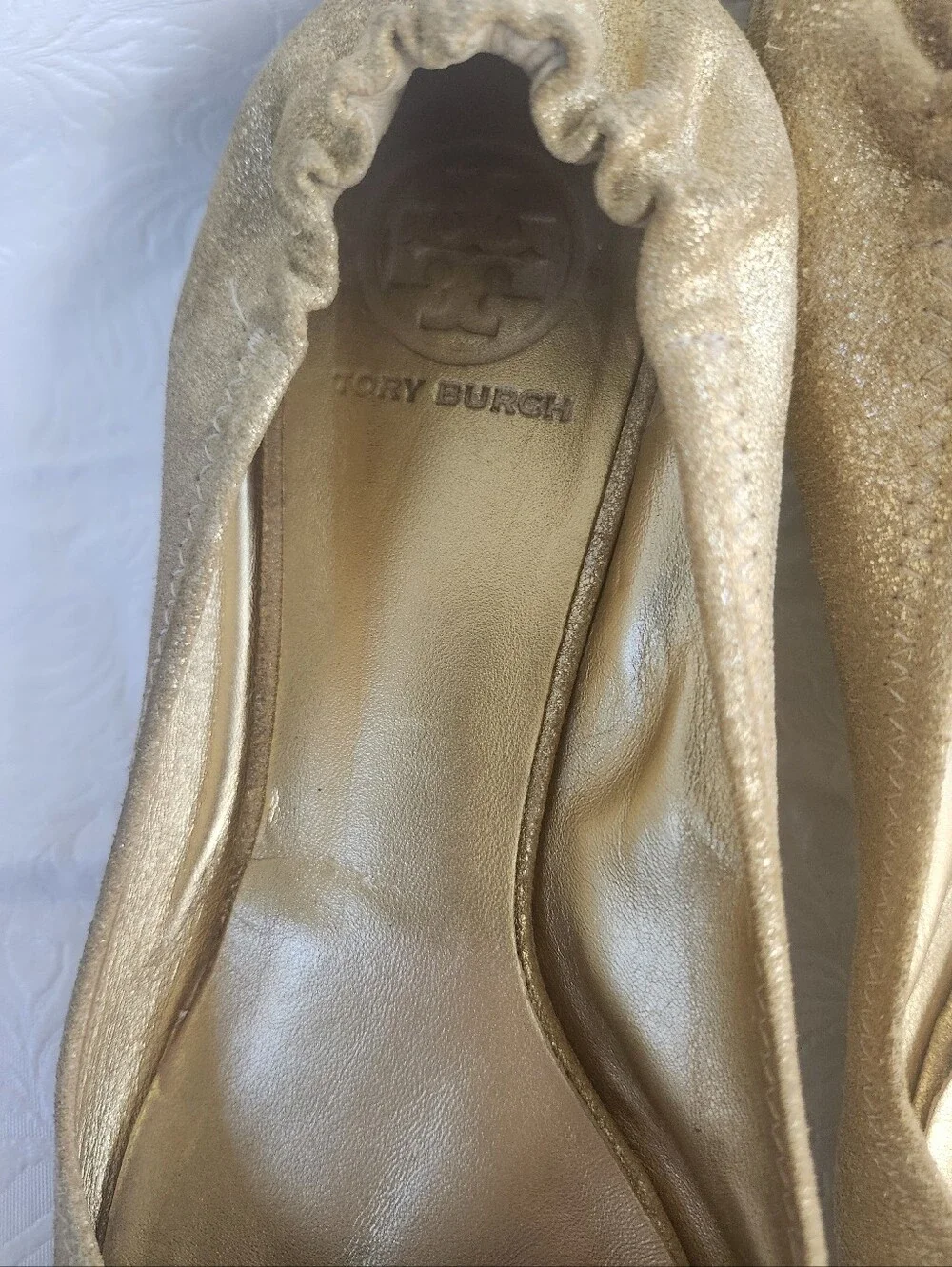 💜Tory Burch Reva Metallic Gold Leather Ballet Flats with Logo Size 9